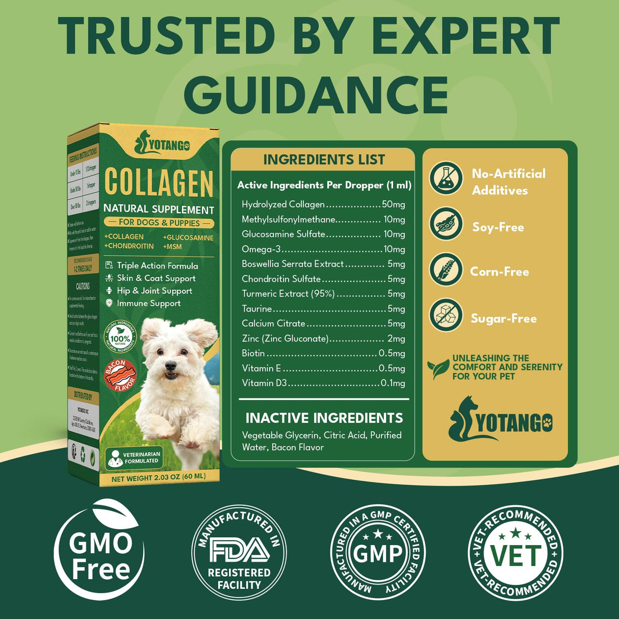 Liquid Collagen for Dogs, Natural Dog Collagen for Skin & Coat Support, Immune Support, Joint & Mobility Care with MSM, Middle-Aged and Older Dogs (Bacon Flavor - 60ml 2 Pack)