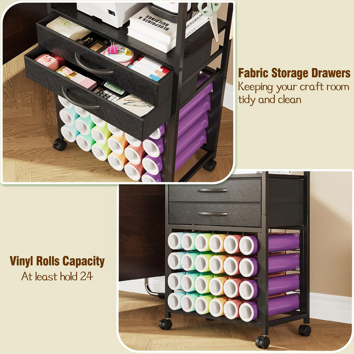 VENNQD Organizer and Storage Stand Compatible with Cricut Machines,Rolling Storage Cart/Shelf with 24 Vinyl Roll Holders,2 Fabric Drawer,Accessories Holder,Tool Hook for Craft Room Home (Black)
