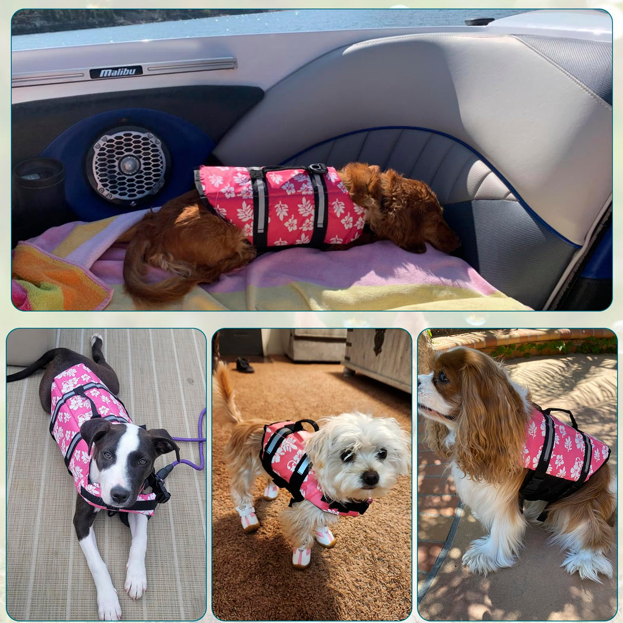 ChezAbbey Dog Life Jacket Adjustable Dog Lifevest Swimsuit Safety Vest Apparel Lifesaver Coat for Small Large Cats Puppy Kitty with Handle Reflective for Swimming and Boating Pink Flower 2XL