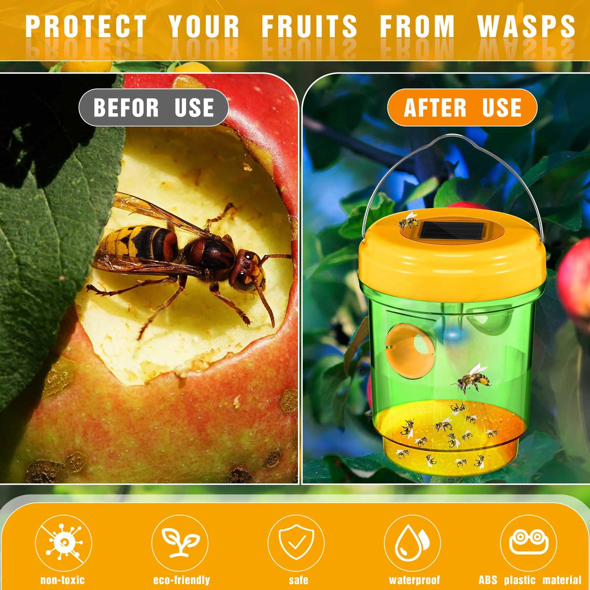 6 Pack Wasp Traps Outdoor Hanging Fly Traps with UV LED Light Solar Powered Hornet Trap Non-Toxic Reusable Hornet Traps Wasp Killer for Indoor Outdoor Patio Garden Home (Green)