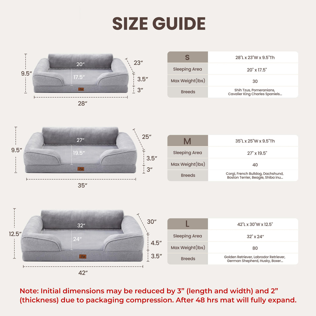 Warmrest Orthopedic Dog Beds for Large Dogs, Waterproof XL Pet Couch Bed with Soft Sides, Washable Dog Sofa with Flannel Removable Cover, 42" L Supportive Egg-Crate Foam Pet Sofa, Light Grey