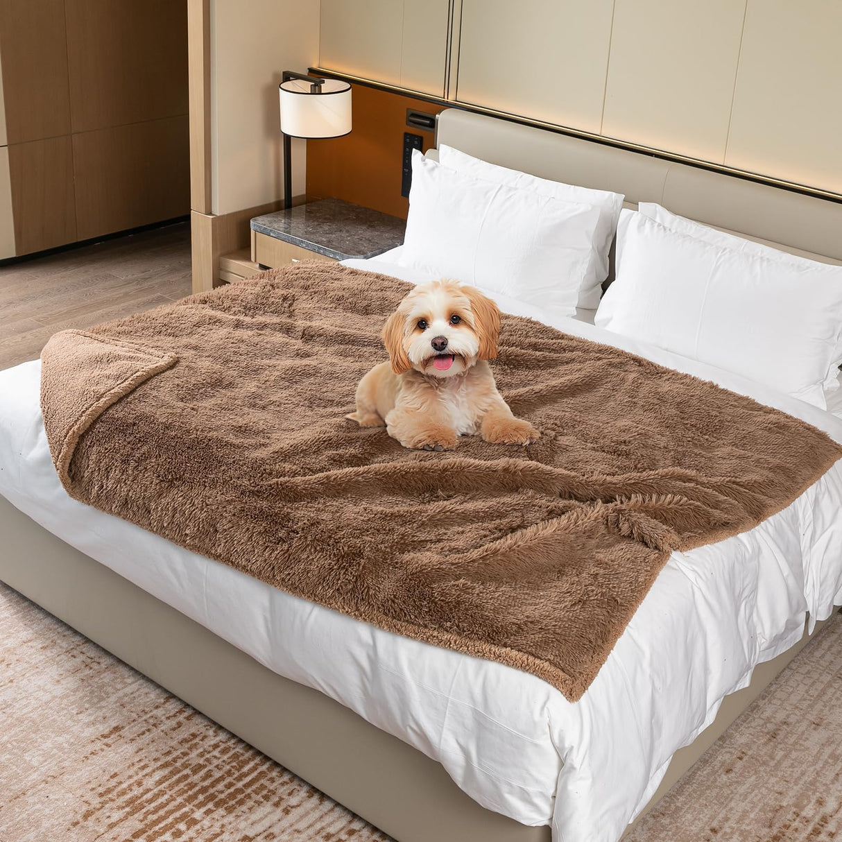 Wowchine Waterproof Calming Dog Bed Covers Pets Blanket for Large Dogs Cats Brown Fluffy Long Faux Fur Pet Blankets Reversible Couch Sofa Cover Washable Love Bed Mats(Brown,XL-85x57in)
