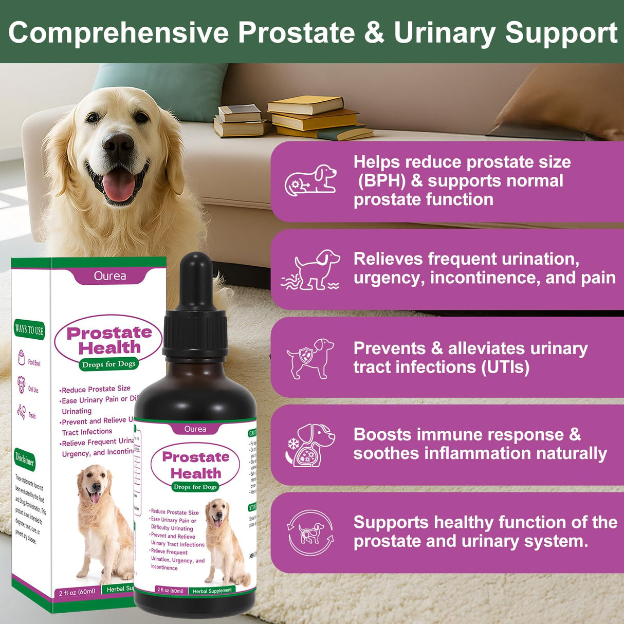 Prostate Health Drops for Dogs, Relieves Enlarged Prostate, Supports Urinary Tract Health Bladder Normal Frequency, Enhances Overall Immune, Herbal Liquid Supplement for Senior and Intact Male Dogs