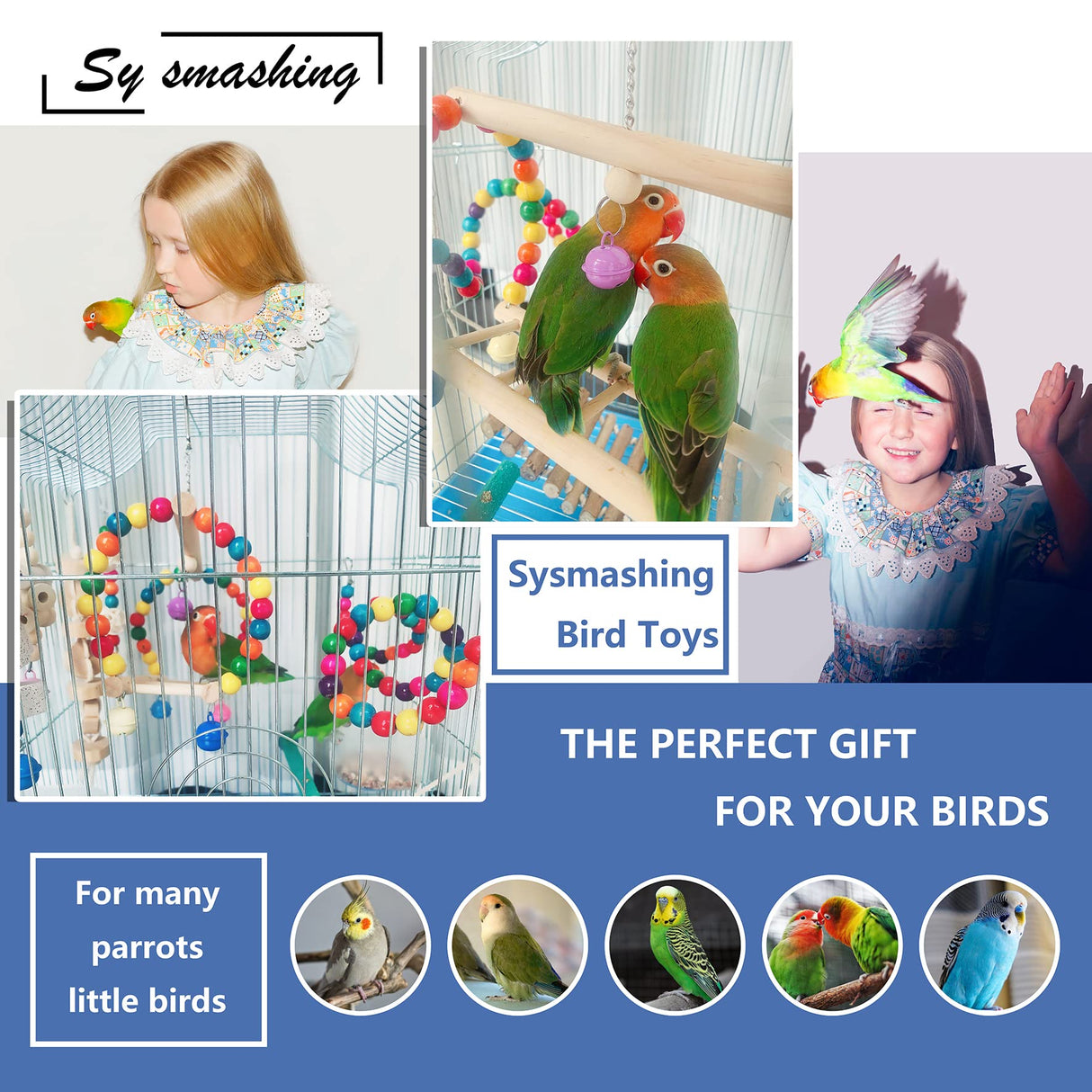 Sysmashing 22 Packs Bird Parakeet Cockatiel Toys,Parrot Swing Chewing Hanging Toy with Safe Bells,Bird cage Colorful Climbing Standing Rope Natural Wood Ladder Bungee Toys