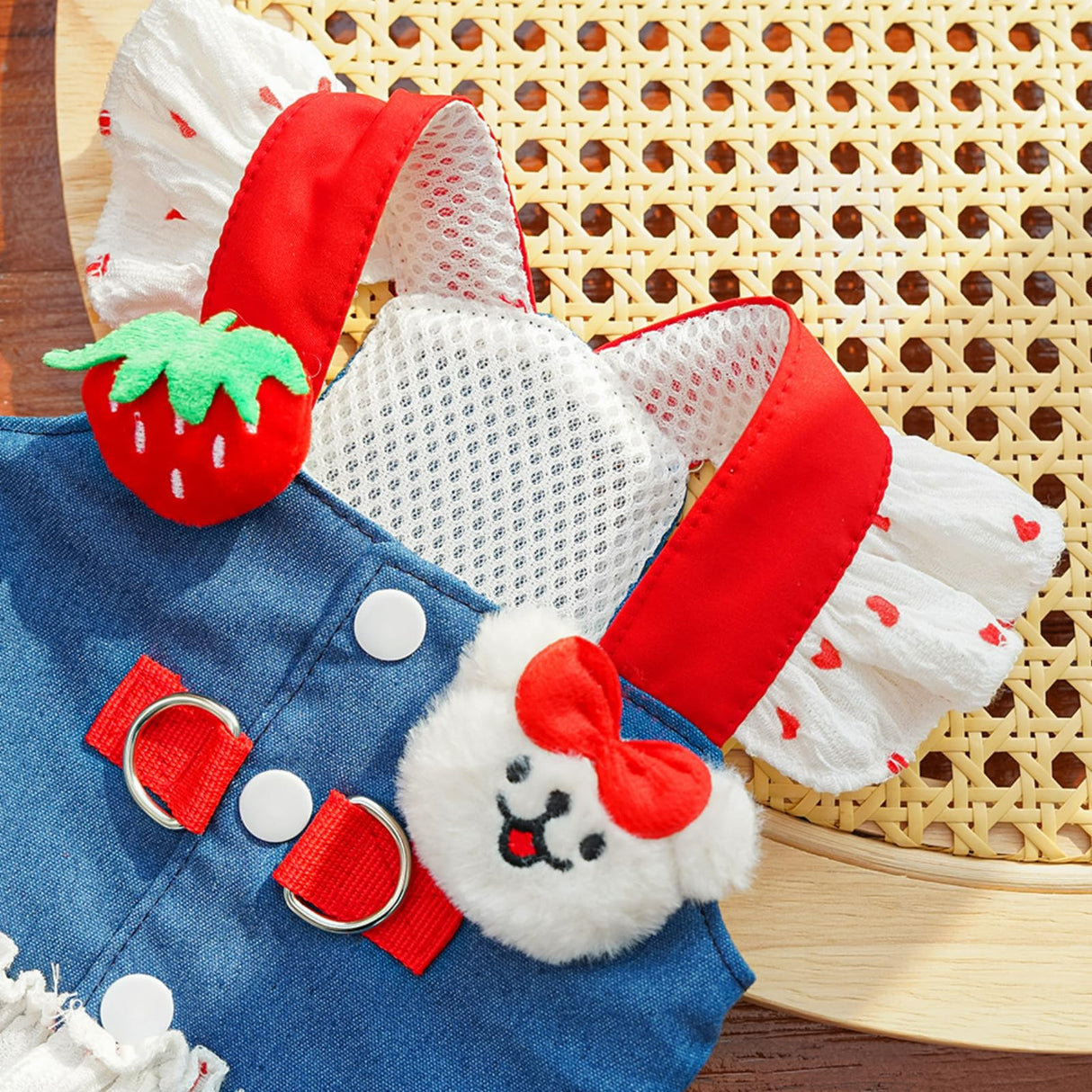Layheld Cat Puppy Costume Strawberry Dress with Leash Polka Dot Puff Sleeve Design Dog Cat Accessories Multiple Sizes for Cat Small Dog (Blue Pink,Large)