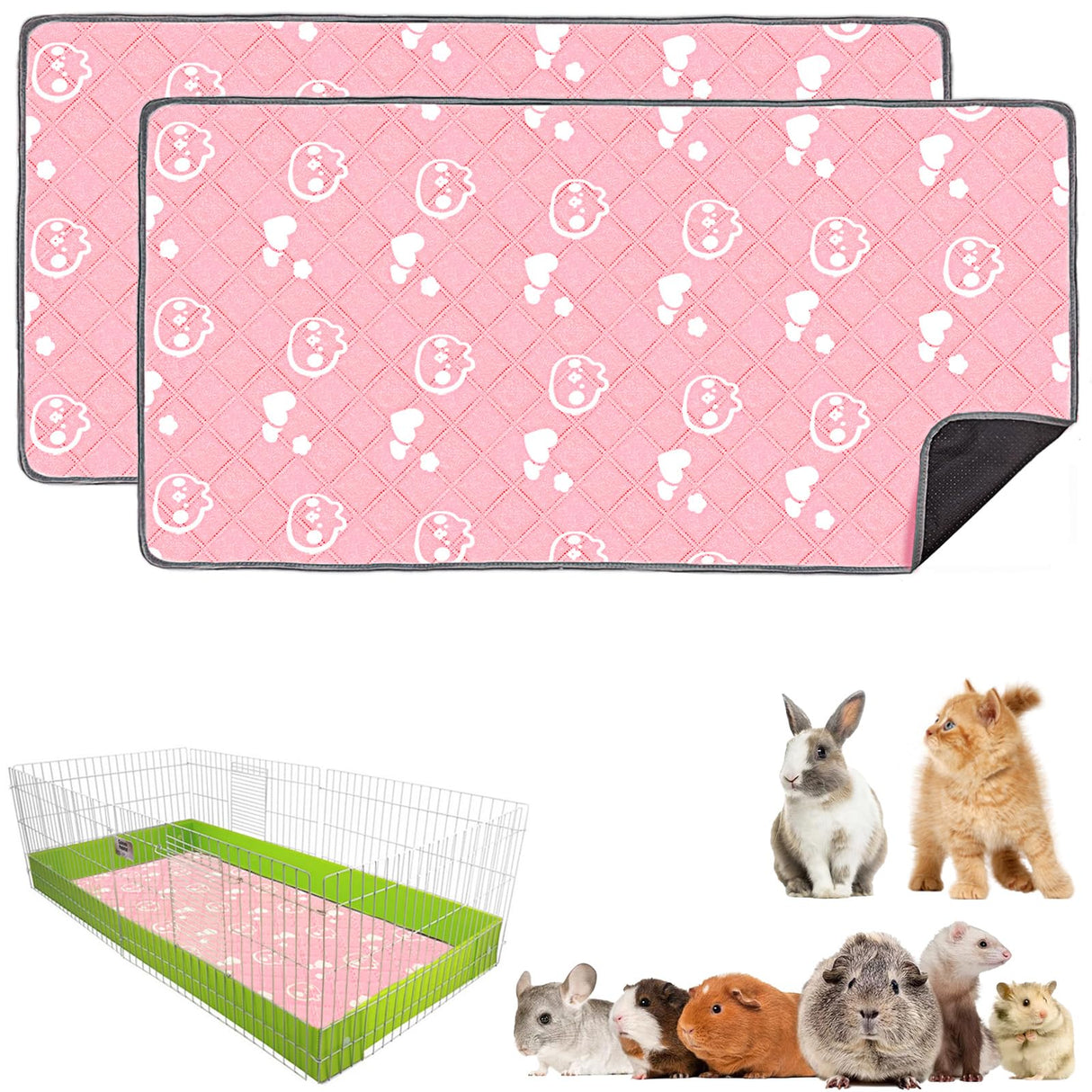 Mooydee 2 Pack Guinea Pig Bedding - Washable Guinea Pig Liner for Midwest Cage, Waterproof Reusable & Anti Slip Pee Pads Super Absorbent Mats for Small Animals Rabbit Hamster Rat (Pink, 48 x 24 Inch)