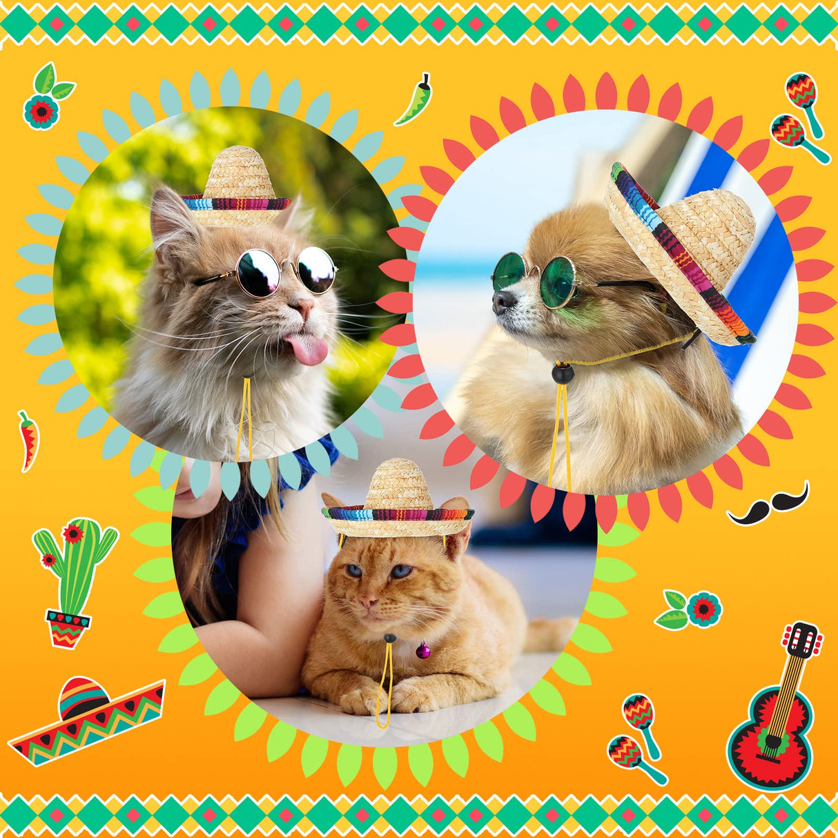 Tudomro 20 Pieces Dog Sombrero Hat Mini Pet Straw Hat Dog Mexican Costume for Small Pets Puppy Cat Chihuahua Decoration(Vivid Style)