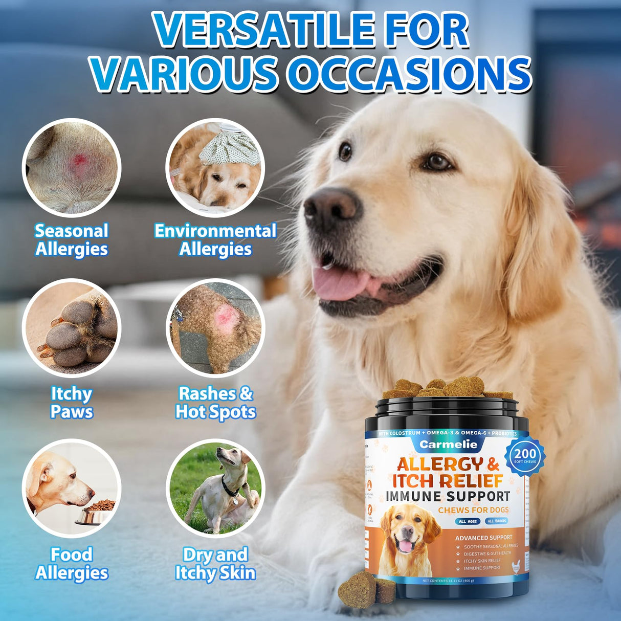 Carmelie Dog Allergy Chews 200 Chews - Dog Itching Skin Relief Support - Omega 3 Probiotics for Dogs - Itchy & Paw Licking Relief, Seasonal Allergies, Skin & Coat Immunity Supplement - Chicken Flavor