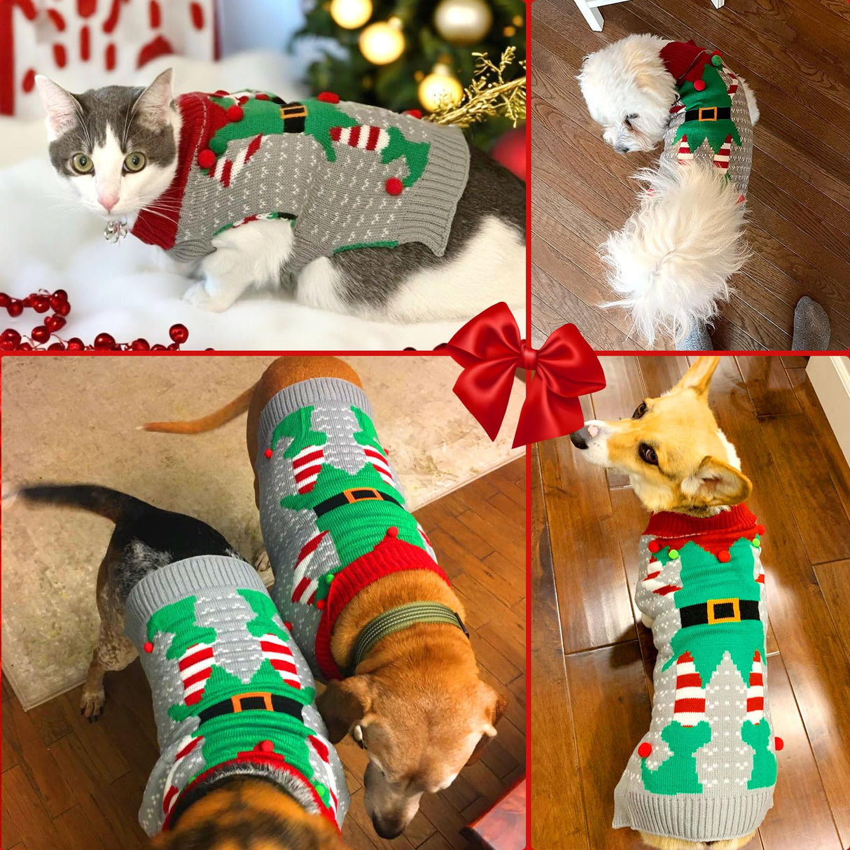 AXIIJGL Dog Christmas Costume Elf Outfit for Dogs with Leash Hole Small Dog Christmas Outfits Pullover Gray Clothes for Dachshund Chihuahua Frenchie