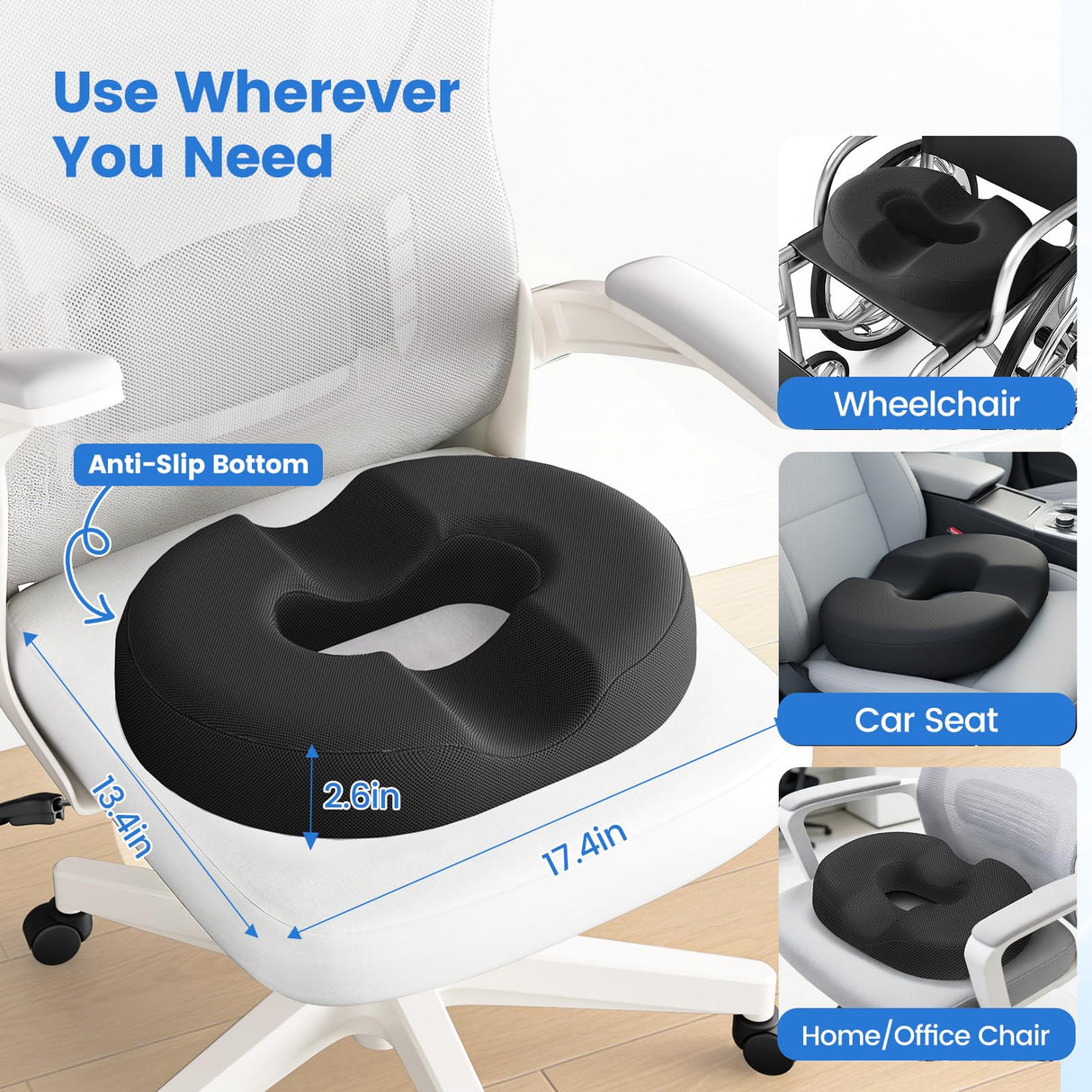DailyCuddles Donut Pillow for Tailbone Pain, Hemorrhoids - Cooling Gel Memory Foam Chair Seat Cushion for Office, Home & Wheelchair, Ergonomic Chair Pad for Pregnancy, Sciatica, Coccyx (Large, Black)