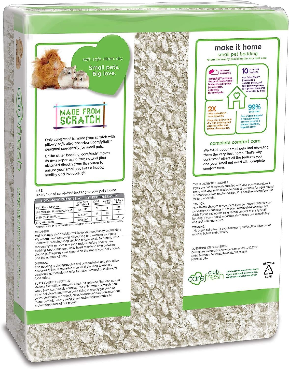 Carefresh 99% Dust-Free White Natural Paper Small Pet Bedding with Superior 10 Day Odor Control & Absorption, for Guinea Pigs, Hamsters, Rabbits, & Rats, 50 L