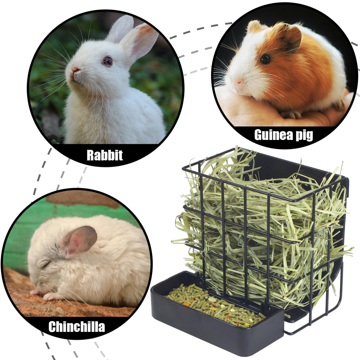 Rabbit Hay Feeder Guinea Pig Hay Feeder, Hay and Food Holder with Hook Heavy-Duty Metal Frame Hay Rack,for Bunny, Guinea Pigs,Chinchillas, Comes with Two Multifunctional Zippers-6.8x6.7x6.6inch