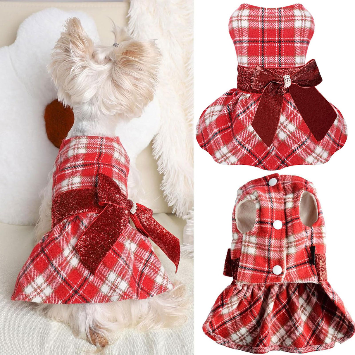 Dog Dress for Small Dogs, Winter Cute Warm Fleece Dog Sweater Dresses for Small Dogs Girl, Chihuahua Yorkie Soft Pet Doggie Coat Clothing Flanne Lining Cat Apparel (Red Plaid, XX-Small)