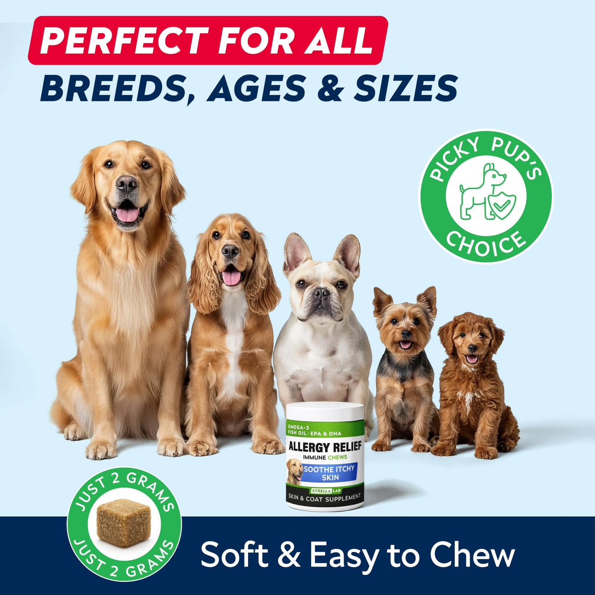 StrellaLab Dog Allergy Relief & Anti Itch Support Chews w/Omega 3: Real Ingredients, Real Taste! Skin & Coat Immune Supplement w/Fish Oil, Pumpkin & Enzymes — Developed by Experts - Made in USA -120Ct