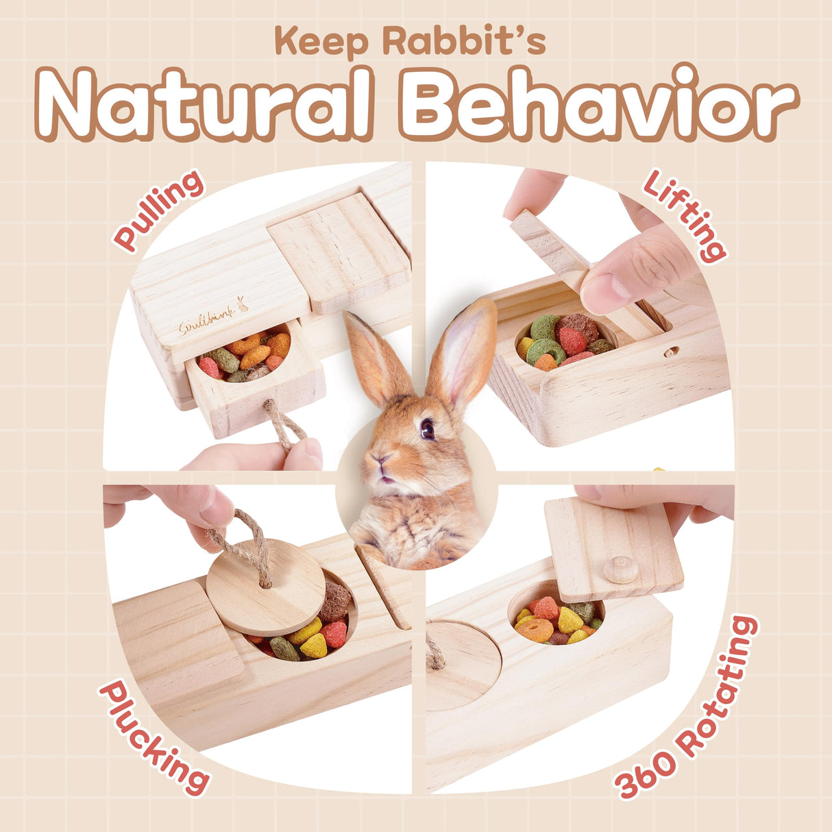 SoulThink® Interactive Wooden Pet Rabbit Toys - Sniff n' Snack Bunny Chew Toys for Rabbit Treats, Suited as Guinea Pig, Hamster for Boredom, Bunny Toys for Rabbits Keep Busy (2 Sets)
