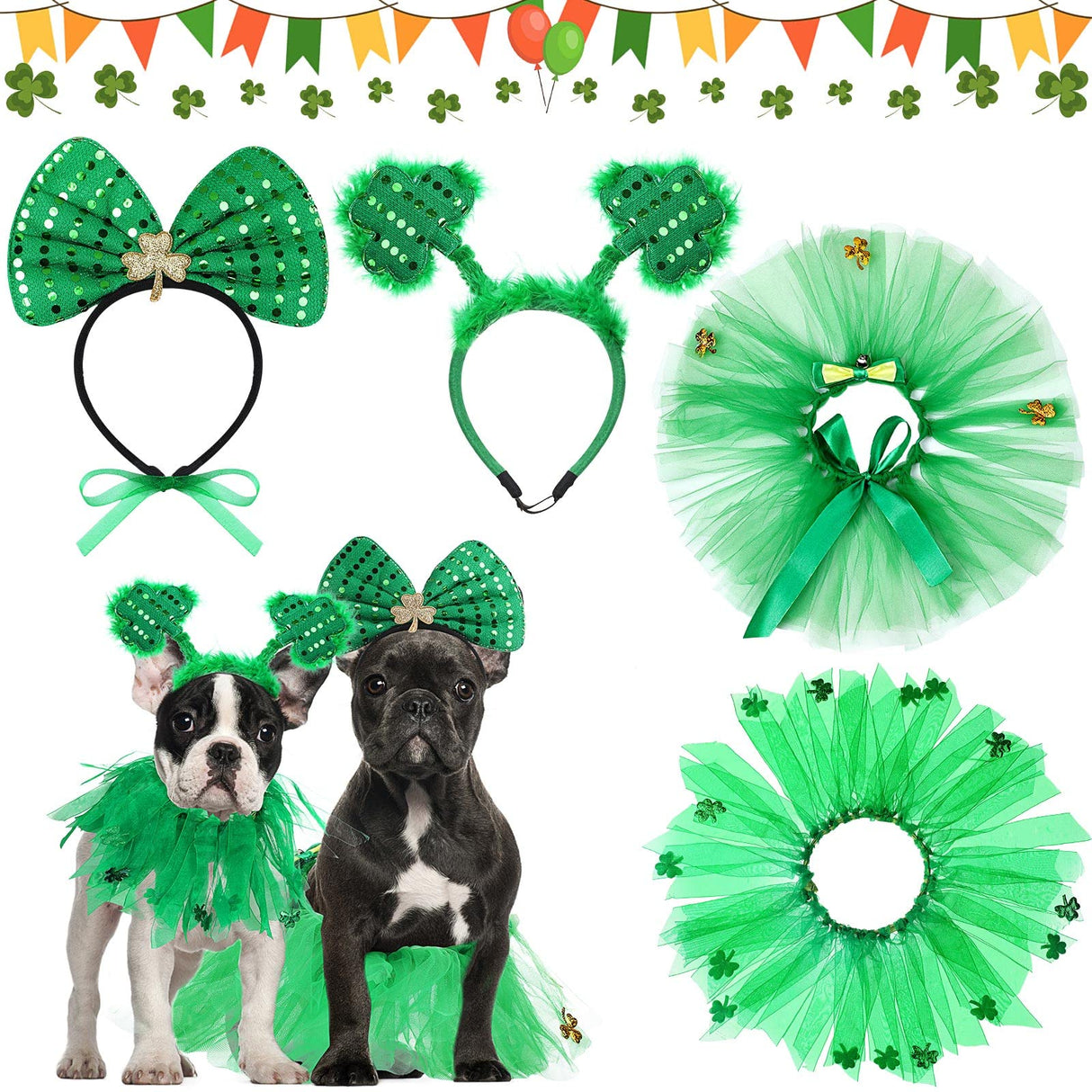 4 Pcs St Patrick's Day Dog Costume Pet Costume, Tutu for Dogs Sequins Bowtie Shamrock Headband Dog Dress Tutu Collar Green Puppy Skirt for St. Patrick's Day Irish Party Dog Pets Accessories Photo Prop