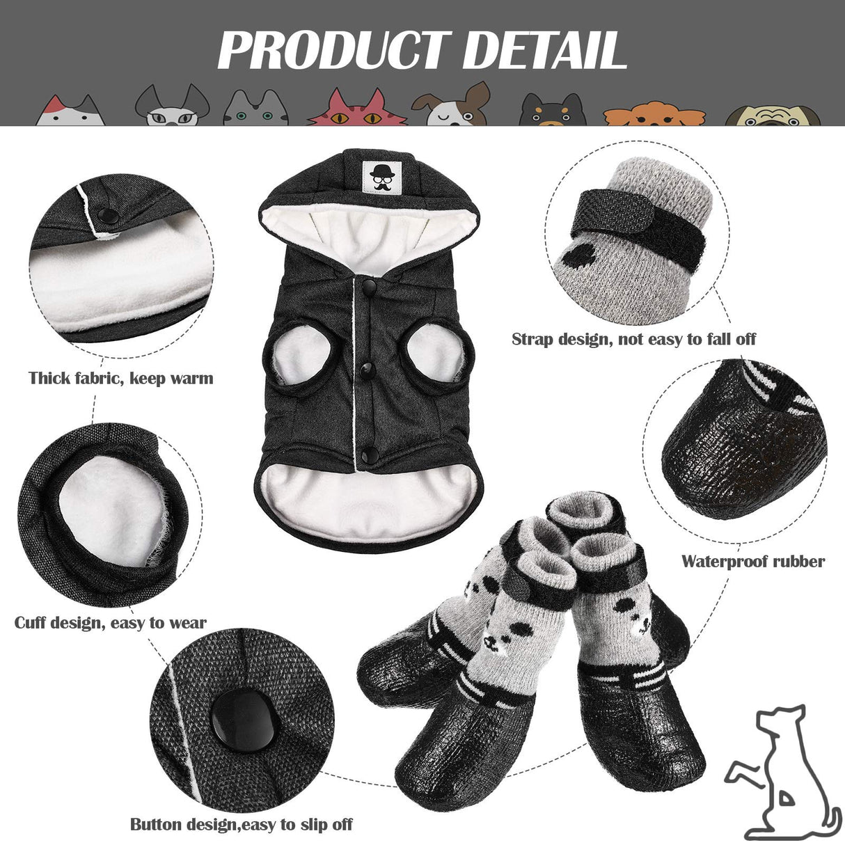 Winter Dog Coat Warm and Cat Boots Shoes Socks Waterproof Puppy Jacket Small Dog Booties Paw Protectors Stylish Hooded Coat for Puppy(Black,L)