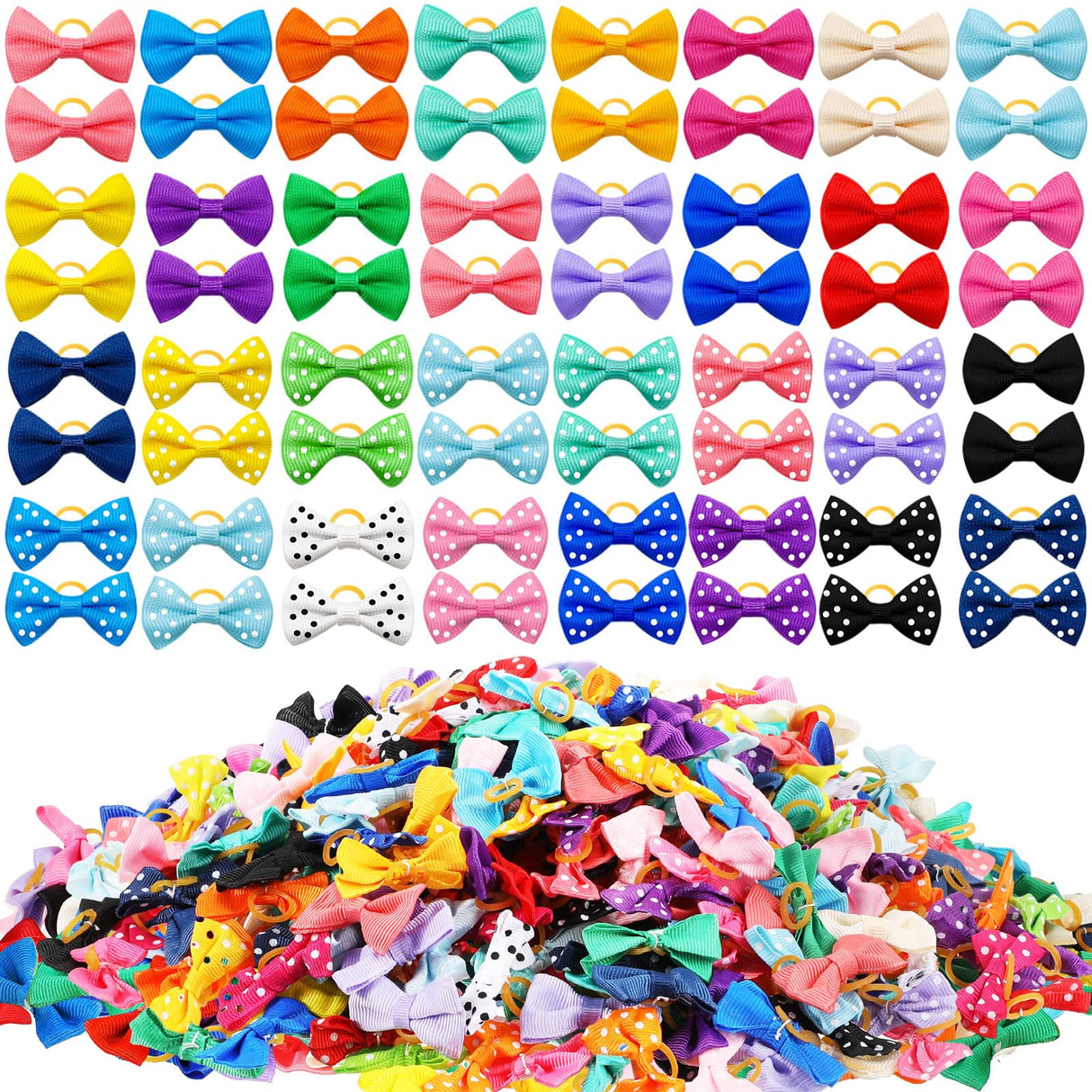 Crowye 400 Pieces Dog Bows Grooming Cute Dog Hair Bows with Rubber Bands Ribbon with Rubber Band Bowknot Hair Topknot for Cat Puppy Birthday Hair Accessories Pet Grooming