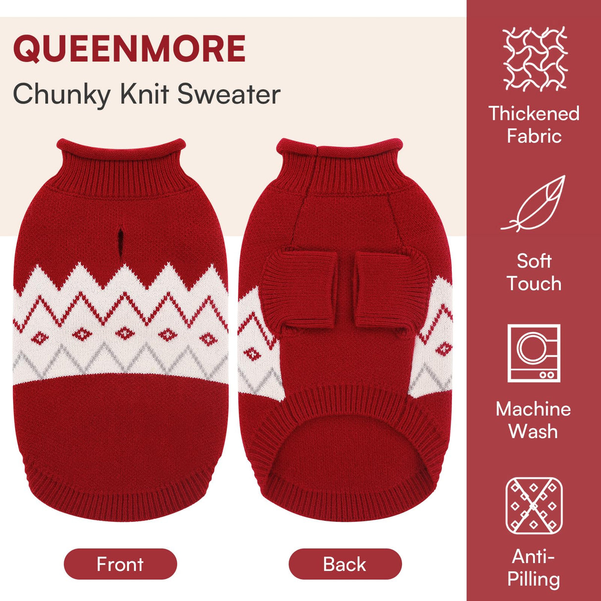 Queenmore Warm Dog Sweater, Soft Pet Knitwear, Knitted Pullover, Winter Pet Clothes for Small Medium Dogs Cats Red
