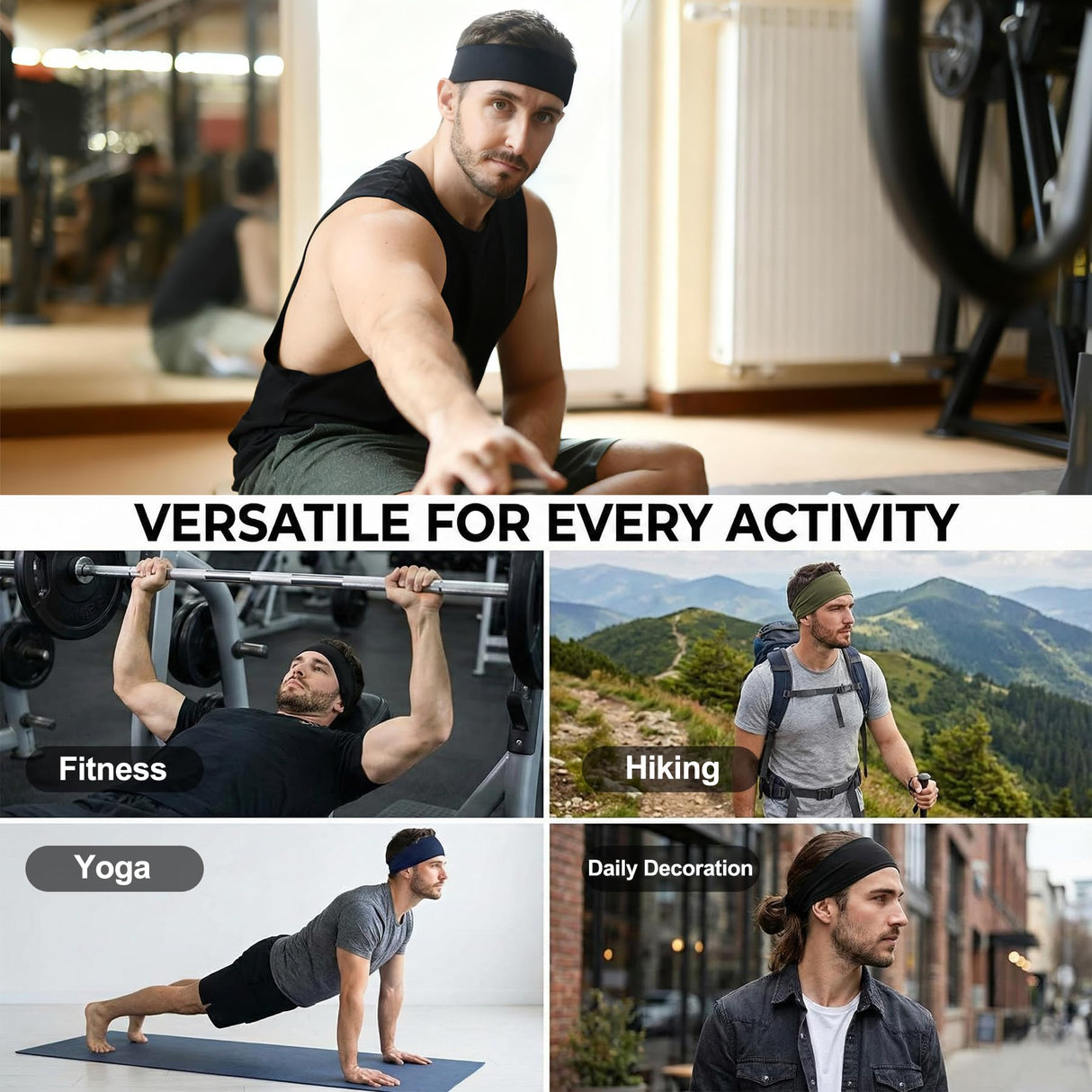 Acozycoo Mens Running Headband,5Pack,Mens Sweatband Sports Headband for Running,Cycling,Basketball,Yoga,Fitness Workout Stretchy Unisex Hairband (5 Black)