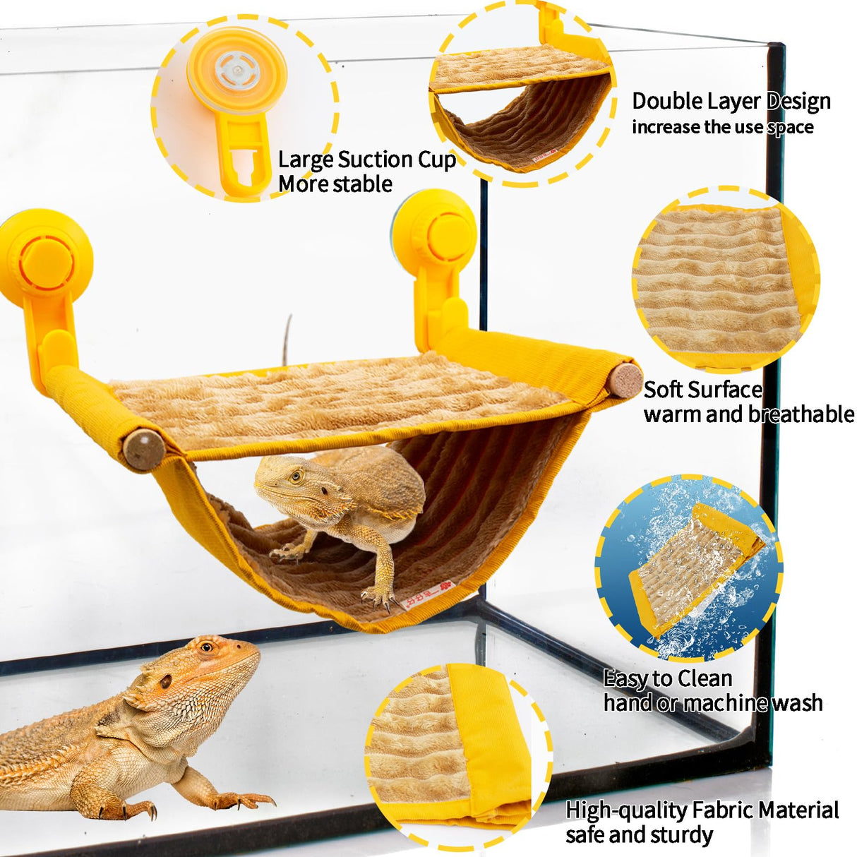 FlidRunest Bearded Dragon Hammock with Suction Cups, Soft Lizard Hammock Bed, Winter Warm House Tent, Reptile Tank Perch-Yellow