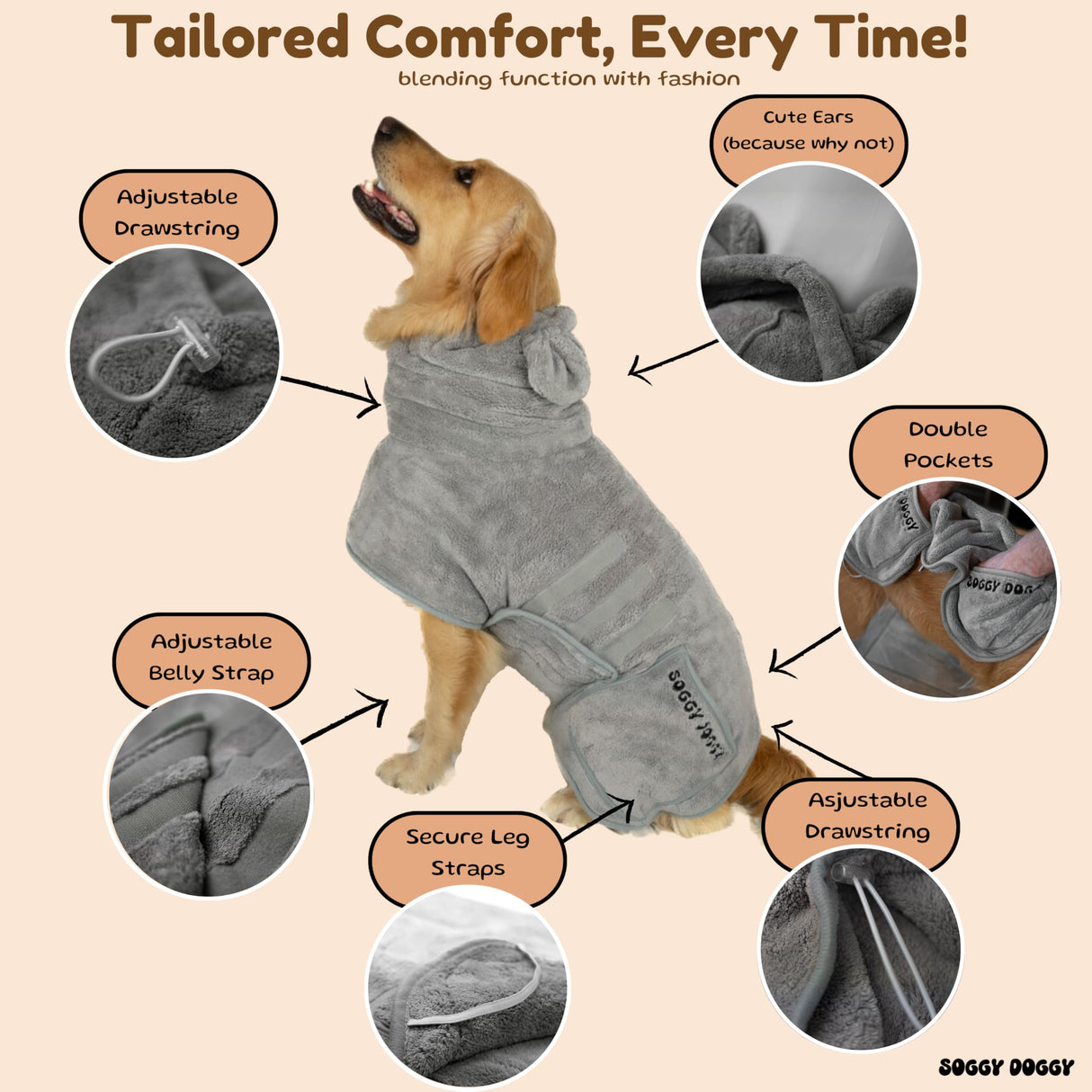SOGGYDOGGY® US: Luxury Dog Bathrobe, Super Absorbent Microfiber Dog Bath Supplies, Fast Dry in Minutes, Thick & Soft Robe - Pet Grooming, Wash & Pet Hair Dryer - All-Season Dressing Gown (XS)