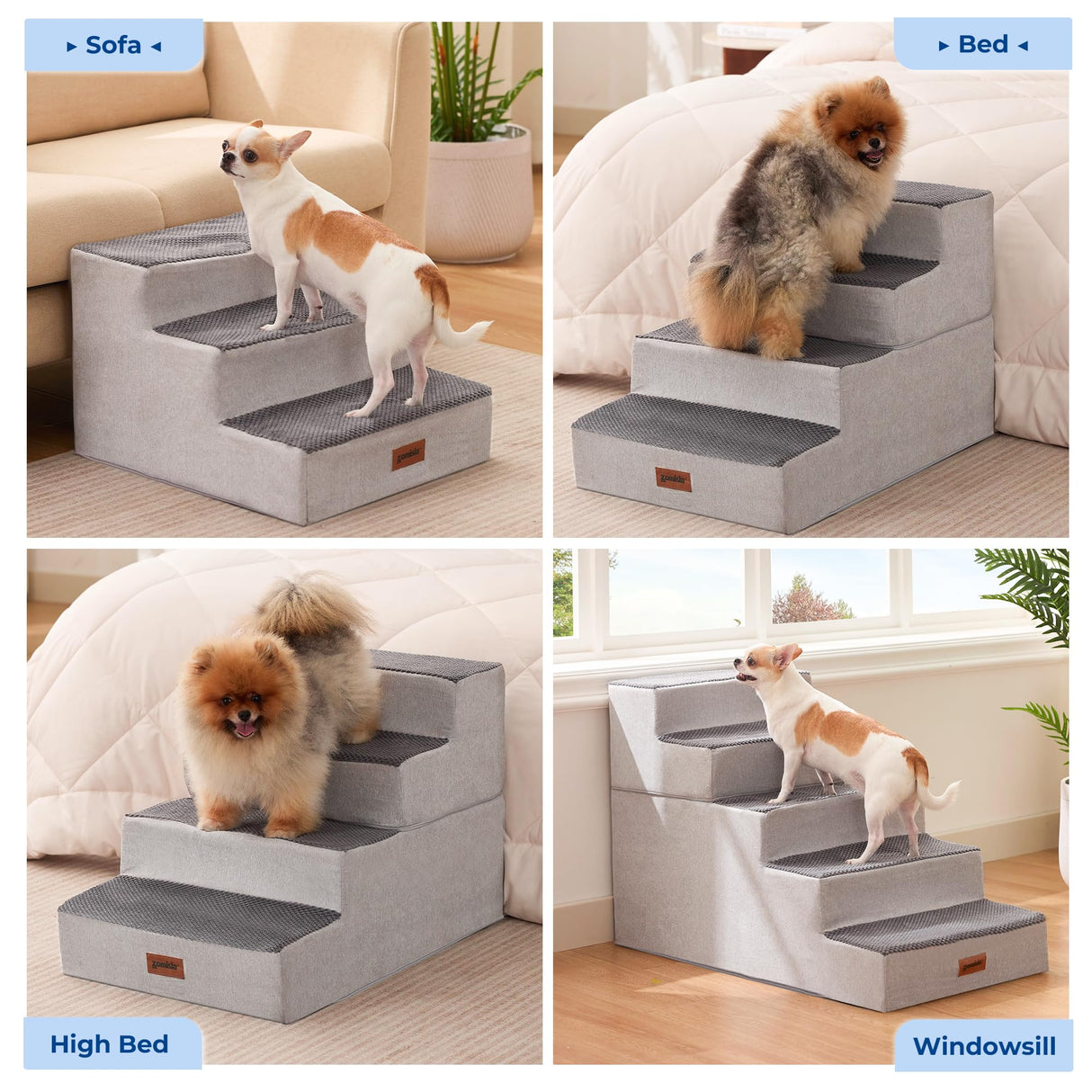 ZOMISIA Dog Steps for Couch - Extra Wide Pet Stairs for Small Dogs and Cats, Dog Steps with Non-Slip Bottom Grey 3 Steps, Grey