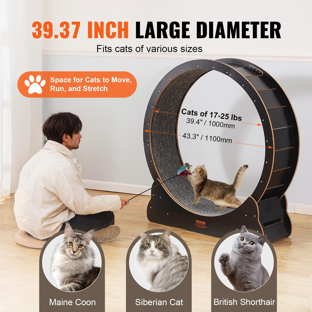 VEVOR Cat Exercise Wheel, 43.3" Large Cat Treadmill for Indoor Pets, Running Wheel with Detachable Carpet & Cats Teaser Toy for Running/Walking/Training, Suitable for Most Cats Black