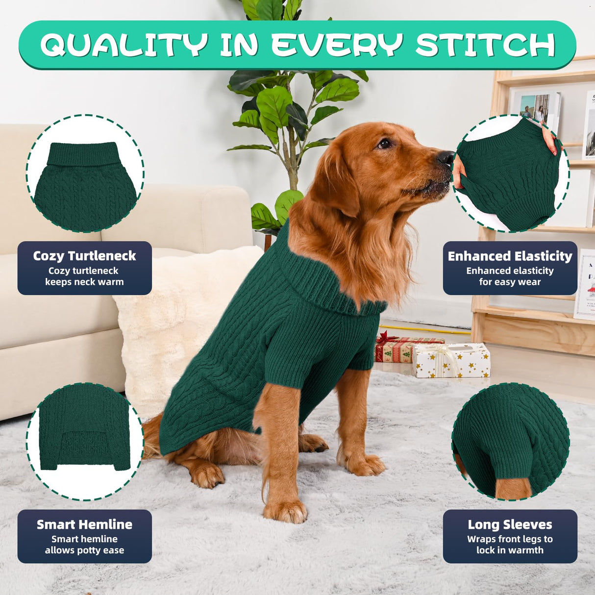 Lorehelina Dog Sweater Turtleneck Pullover Cable Knit for Boys Girls Large Dogs Bulldog Pitbull Labrador Doberman Winter Stretch Clothes Long Sleeves (XXL, Green)