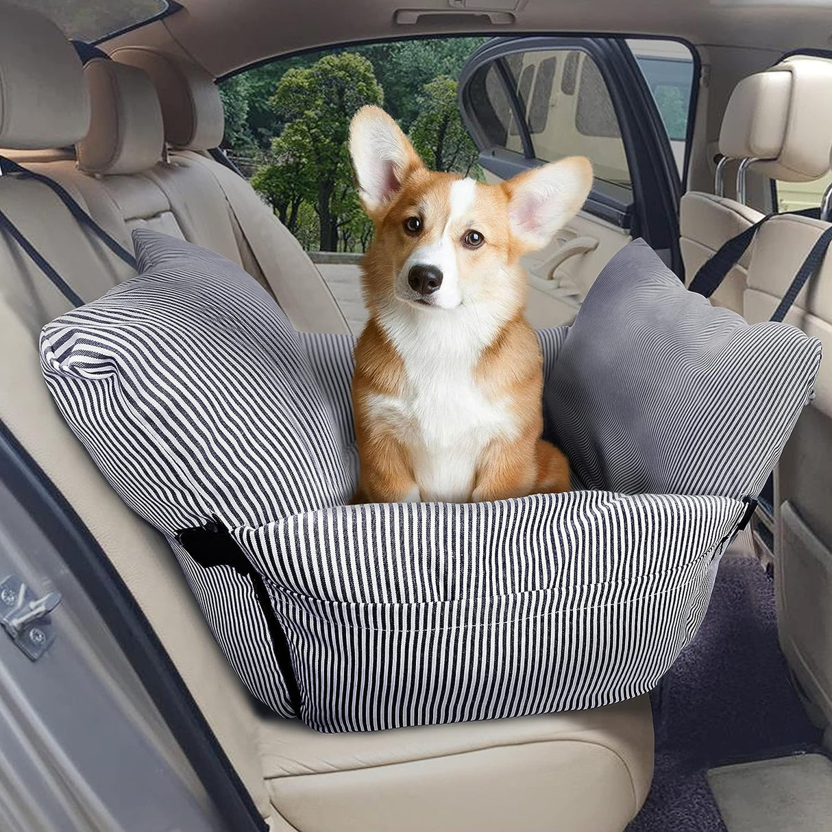 BNCKTRD Dog Car Seat for Medium Dogs Under 60 lbs Pet,2 in 1 Booster Seats Dog Bed for Car and Home Safety Travel Carrier with 2 Pockets, Blau Stripes