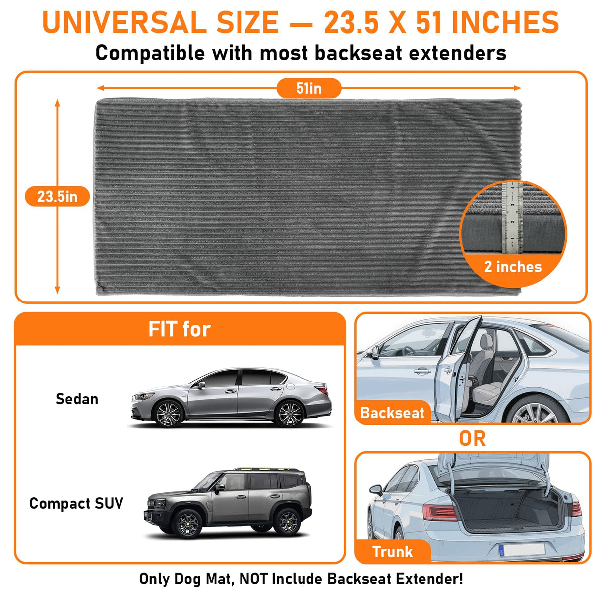 Dog Bed Mat for Car Backseat,Colewin Non-slip Waterproof Car Seat Mat for Dogs&Pets with 2-Inch Thick Foam & Easy Clean Dog Pad Cover Suitable for Travel,Camp,Home,NOT Include Extender(23.5x51in,Grey)
