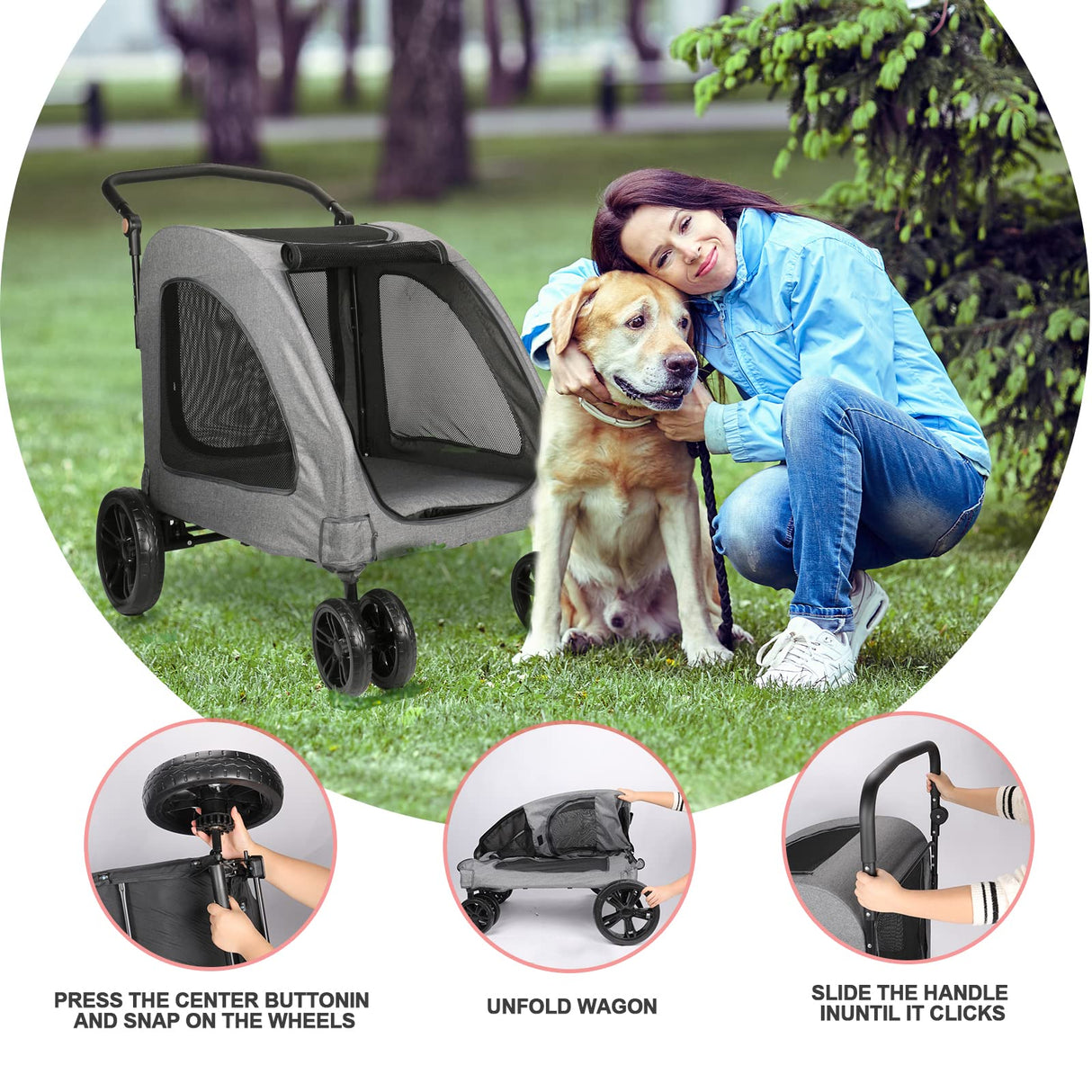 Dog Stroller for Extra Large Dogs, 4 Wheels Dog Cat Stroller, Foldable Pet Bike Trailer, Folding Carrier with Adjustable Handle, Sunroof, Rear Brake, Security Leash (Dark Grey)