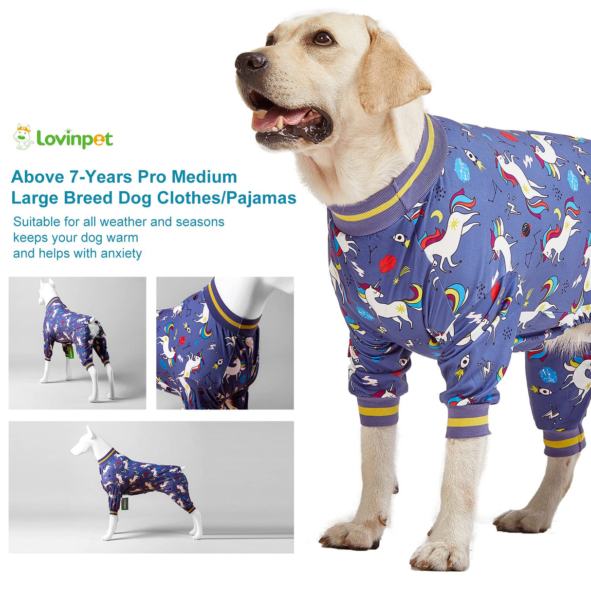 LovinPet Large Breed Dog Onesie Clothes, Slim Fit/Stretchy Knit, Unicorn Rocket Grey Print, Pet Anxiety Relief, Wound Care/Post Surgery Large Dog Shirt, UV Protection, Stop Shedding for Dogs, M