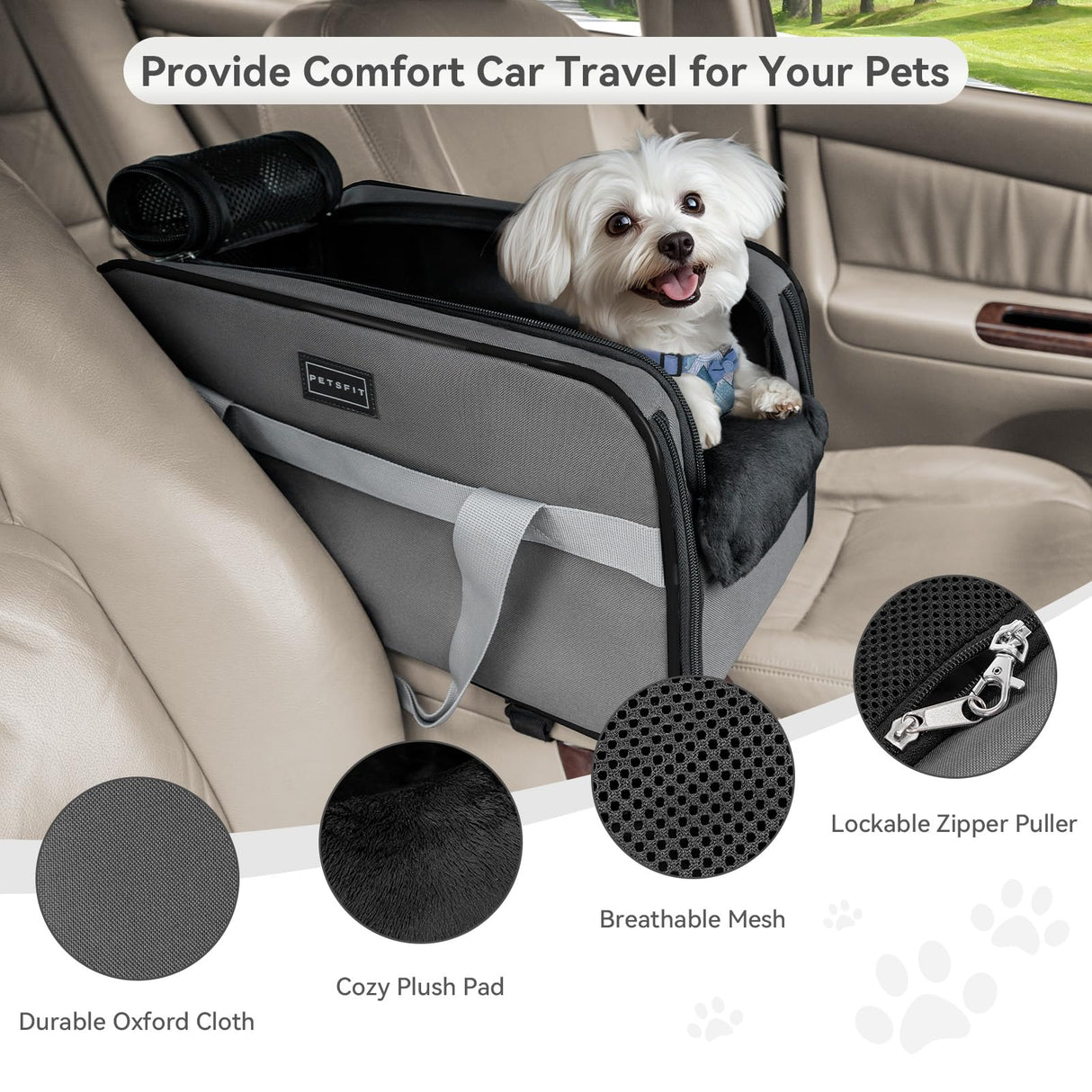 PETSFIT Multipurpose Center Console Dog Car Seat, Airline Approved Dog Car Carrier with Safety Tether and Pockets, Portable Cat Car Seat, Dog Car Seats for Small Dogs, Cats Up to 9 LBS (Deep Grey)
