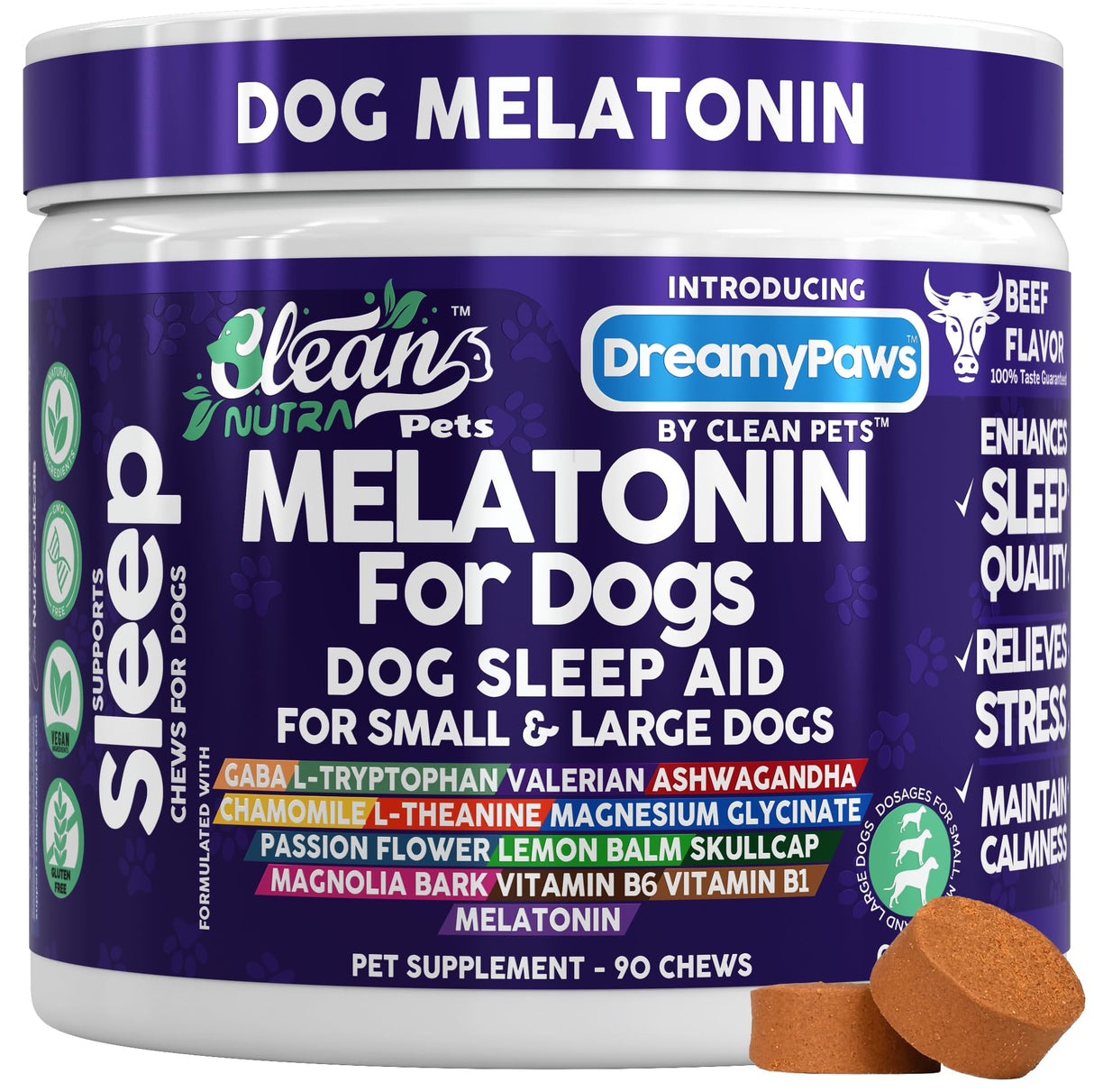 Dreamy Paws Melatonin for Dogs Dog Calming Sleep Supplement - Melatonin GABA Tryptophan Valerian Magnolia Bark Passion Flower Magnesium Ashwagandha Restful Sleep 90 Chews Beef Flavor by Clean Pets