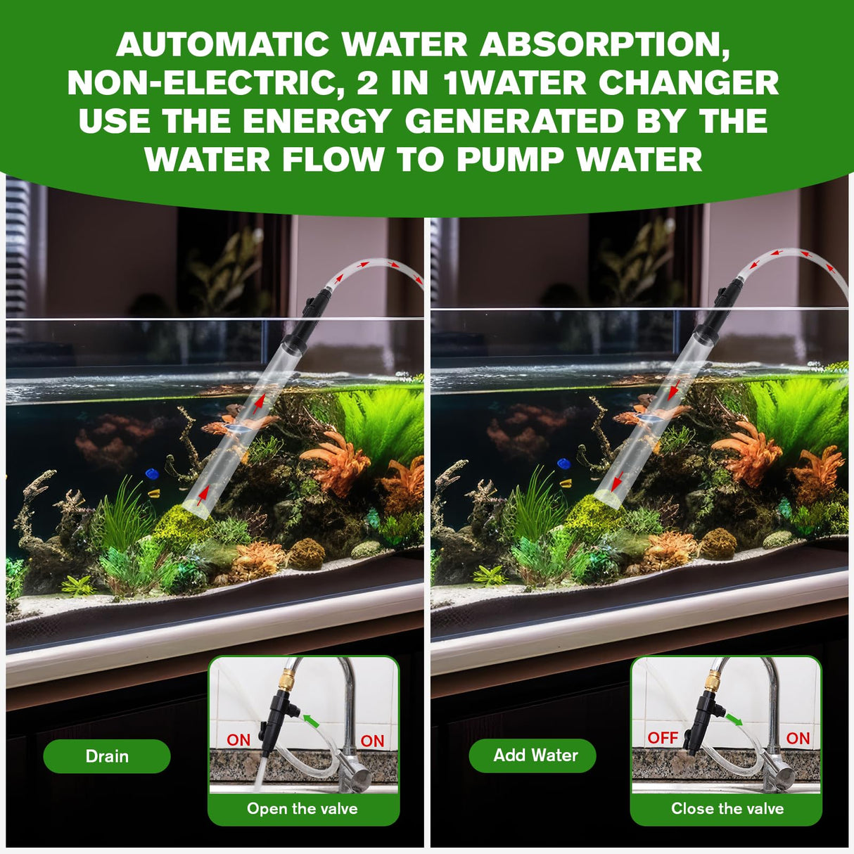 ZRDR Aquarium Siphon Vacuum Gravel Cleaner Kit for Fish Tank Cleaning Gravel & Sand, Fish Tank Water Changer Metal Faucet Connector with Long Hose Drain & Fill(32ft)