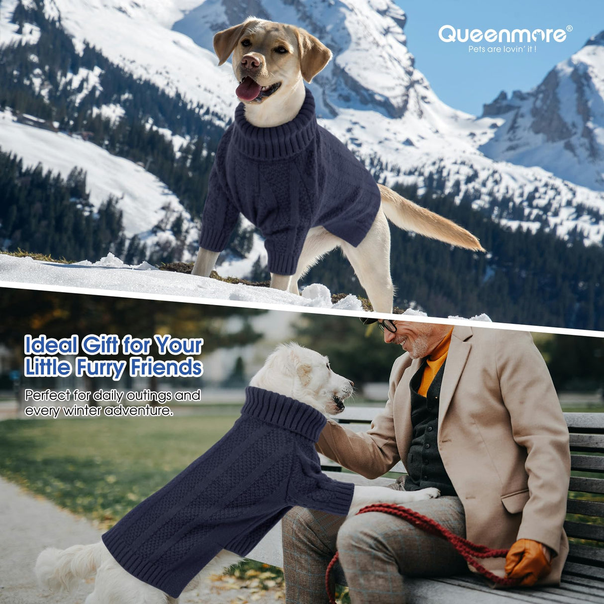 Queenmore Dog Sweaters for Medium Dogs Girls Boys,Soft Dog Sweater Xmas,Turtleneck Pullover Pet Sweaters Knitwear Outfit for Holiday,Knitted Soft Thick Warm Sweater for Bulldog,Dachshund(Dark Navy,M)