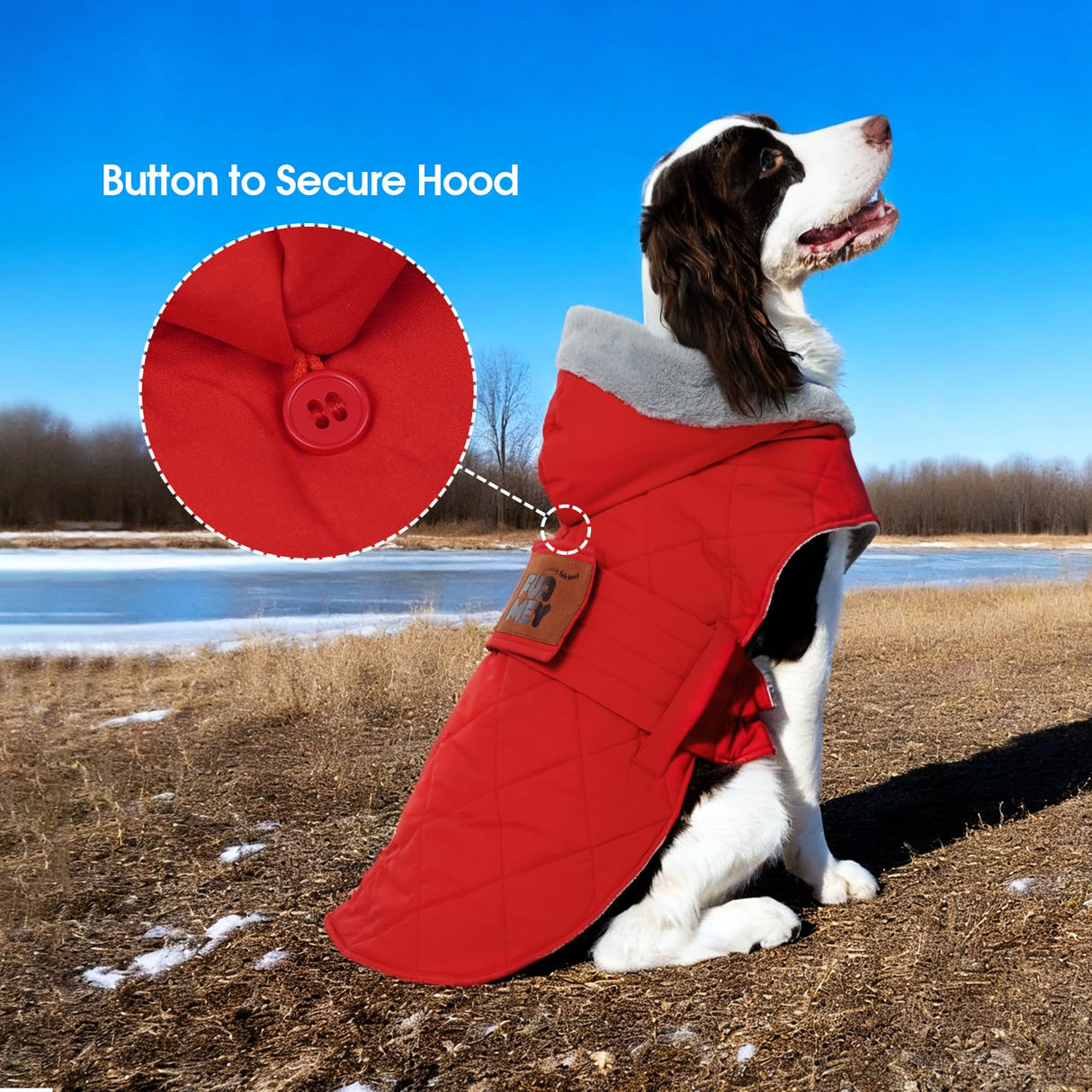 FUAMEY Dog Jackets for Large Breed, Adjustable Dogs Coats Fleece Lined for Chilly Morning, Thermal Winter Pups Outfits with Harness Hole, Sleeveless Puppy Vest Waterproof (Red, 2XL)