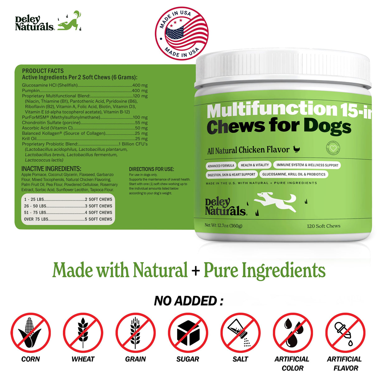 Deley Naturals 15 in 1 Multivitamin for Dogs - Complete Dog Vitamins and Supplements for Immune Support, Joint, Skin, Digestion, Heart & Overall Health - Daily Multifunction Supplements - 120 Chews