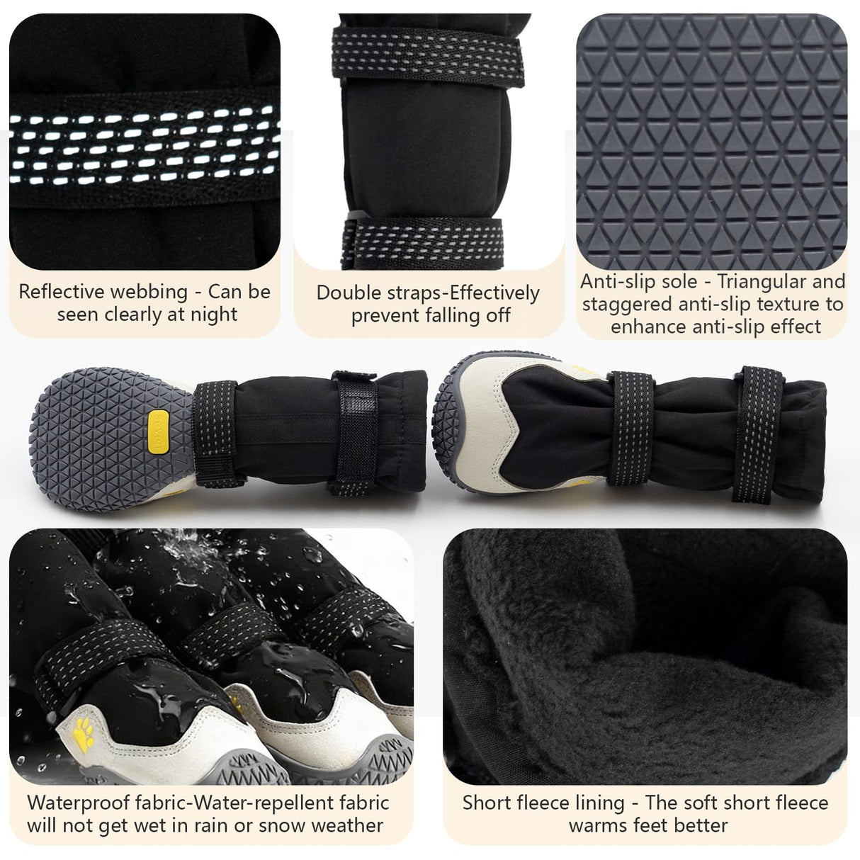BECEMURU Dog Snow Boots for Winter,Double-Straps Anti-Fall Off Dog Booties Shoes, Non-Slip Paw Protectors for Outdoor Walking Hiking in Snowy or Rainy Day (Black, 2#)