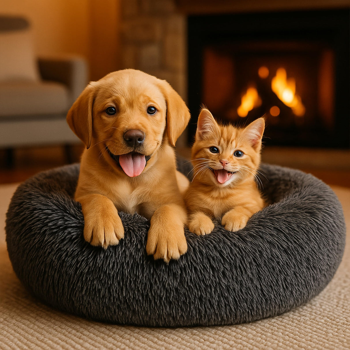Calming Dog Bed - Fluffy Donut Cuddler for Anxiety Relief, Orthopedic Pet Bed with Non-Slip Bottom, Cozy Round Faux Fur Nest for Dogs and Cats, Plush Crate Mat for Comfort (Dark Grey, Medium)