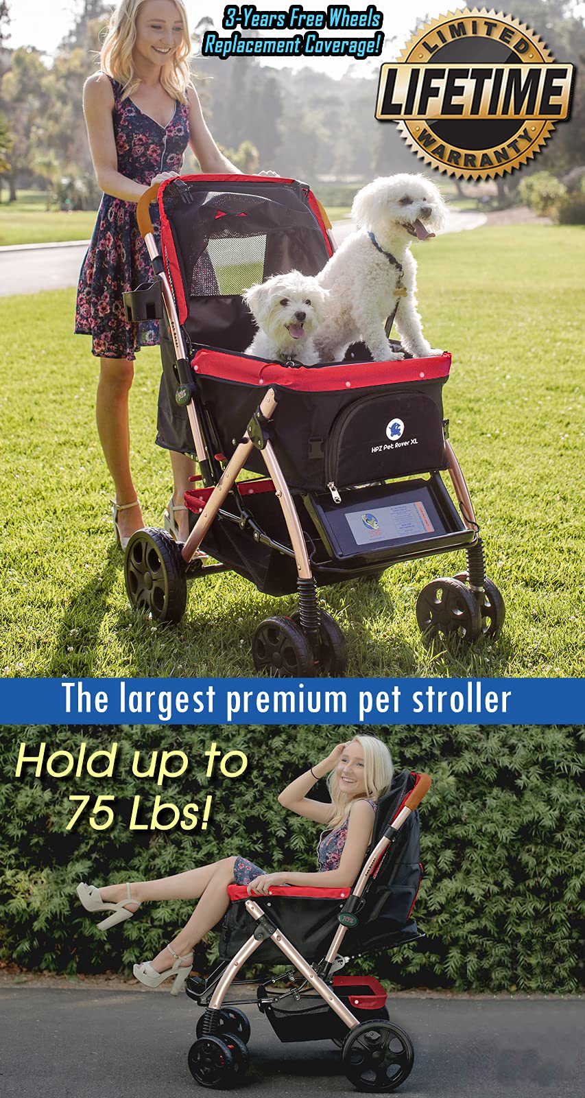 HPZ Pet Rover XL Extra-Long Premium Heavy Duty Dog/Cat/Pet Stroller Travel Carriage with Convertible Compartment/Zipperless Entry/Pump-Free Rubber Tires for Small, Medium, Large Pets (Red 2nd-Gen)