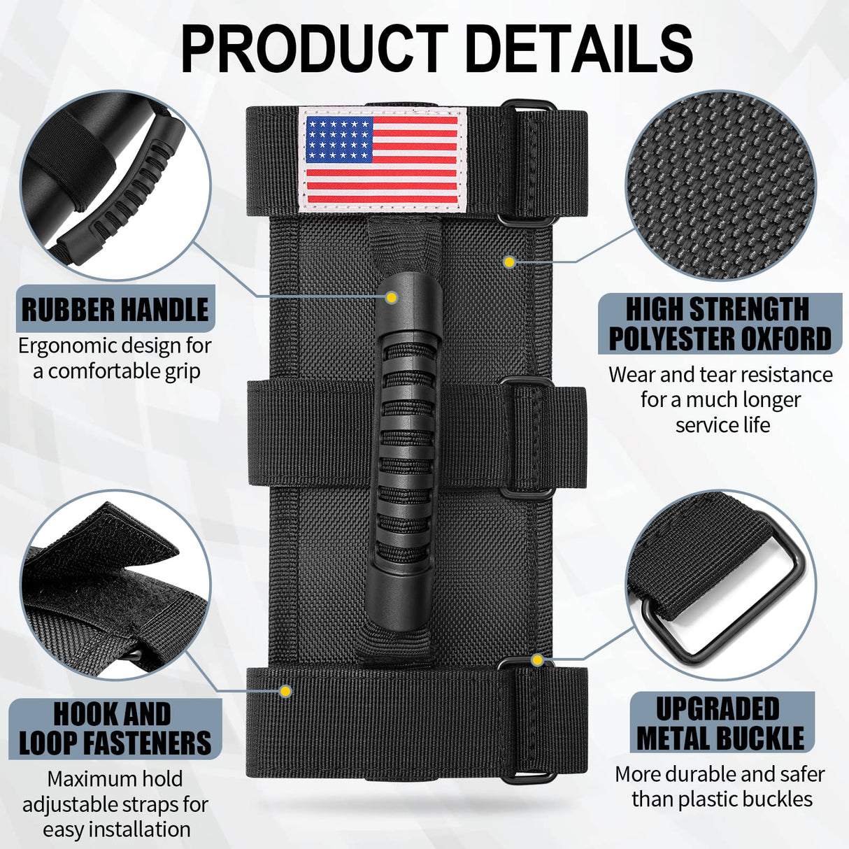 moveland Roll Bar Grab Handles with US Flag, 2 x Grip Handles for 1955-2023 Jeep Wrangler JL, JK, TJ, YJ & Jeep Gladiator Accessories - Upgrade Metal Buckle, Strong & Durable