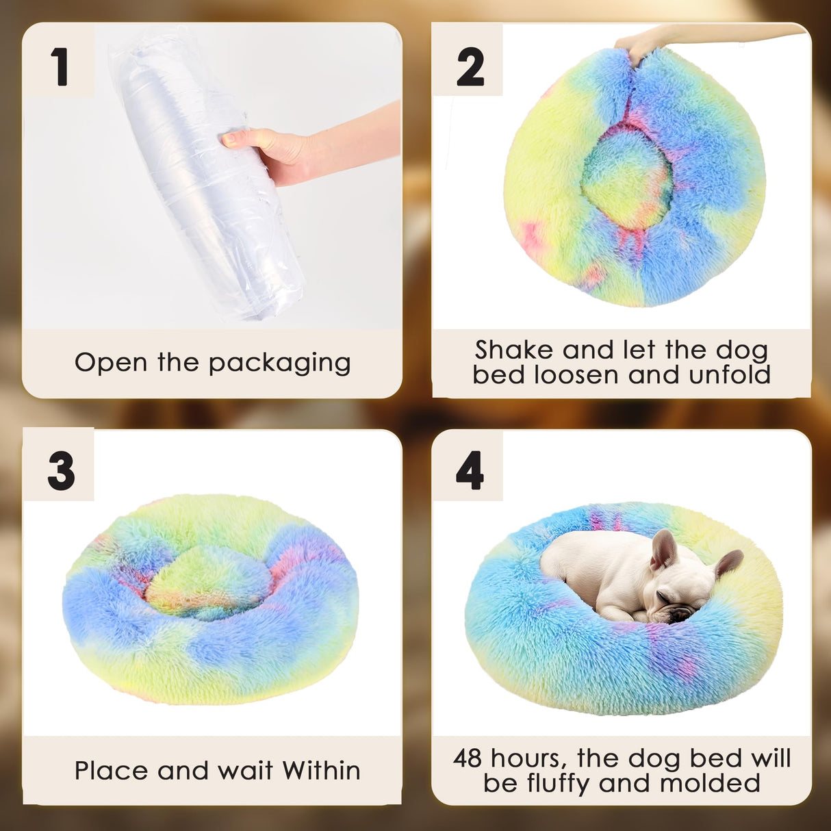 Hoewina Dog & Cat Bed, 20in Cat Beds for Indoor Cats, Calming Donut Bed for Puppy and Kitten, Washable Round Fluffy Pet Bed for Small Medium Dogs and Cats (Rainbow)