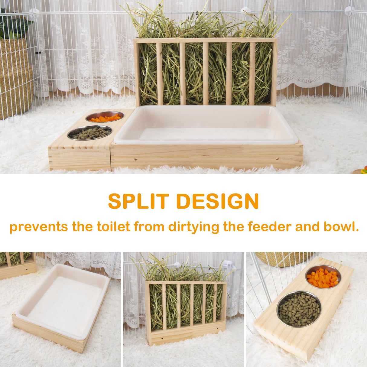 BESNEW 3 in 1 Rabbit Hay Feeder with Litter Box,Wooden Hay Feeder with 2 Bowls & Litter Box for Guinea Pig Chinchilla Bunny Other Small Animals,Large Capacity & Preventing Waste