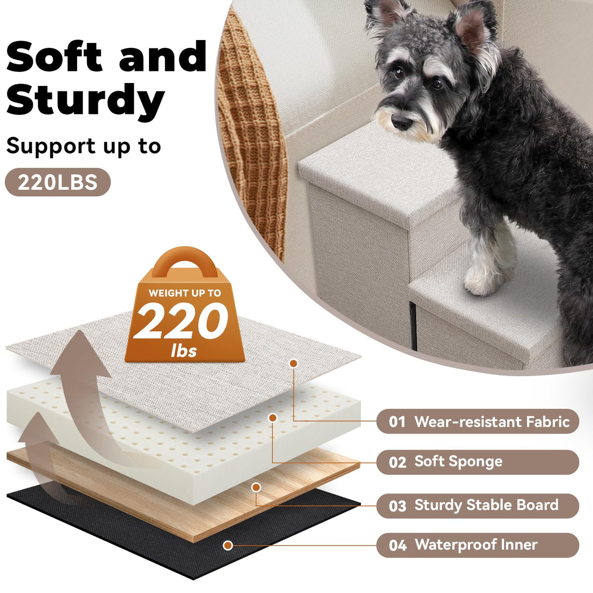 Zerbuger Dog Stairs with Storage 23" H, 4-Step Wider Dog Steps for High Beds Window, Folding Sturdy Pet Stairs Gift for Small/Medium/Large Old Dogs Cat, Ramp for Climbing Car Up to 200 lbs, Beige
