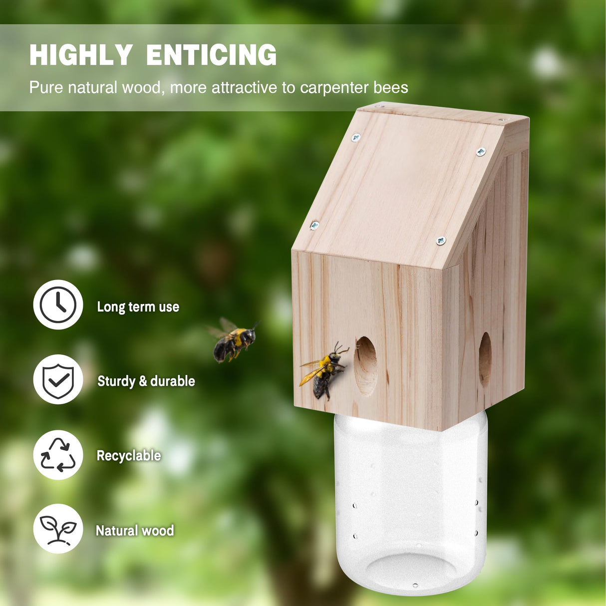 Carpenter Bee Trap for Outside - Shed Style Nature Hanging Wood Trap for Outdoor with Removable Bee Vault Plastic Jar (1 Pack)