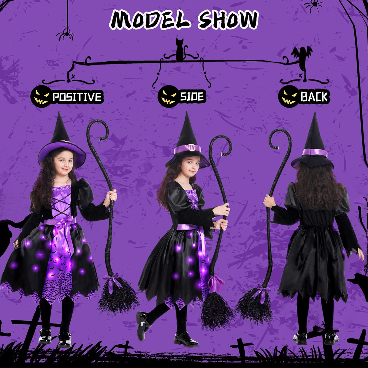 Light Up Halloween Girls Witch Costume, Toddler Witch Dress Set with Hat and Broom, Kids Witch Costumes for Halloween Themed Role-Play Party (Large)