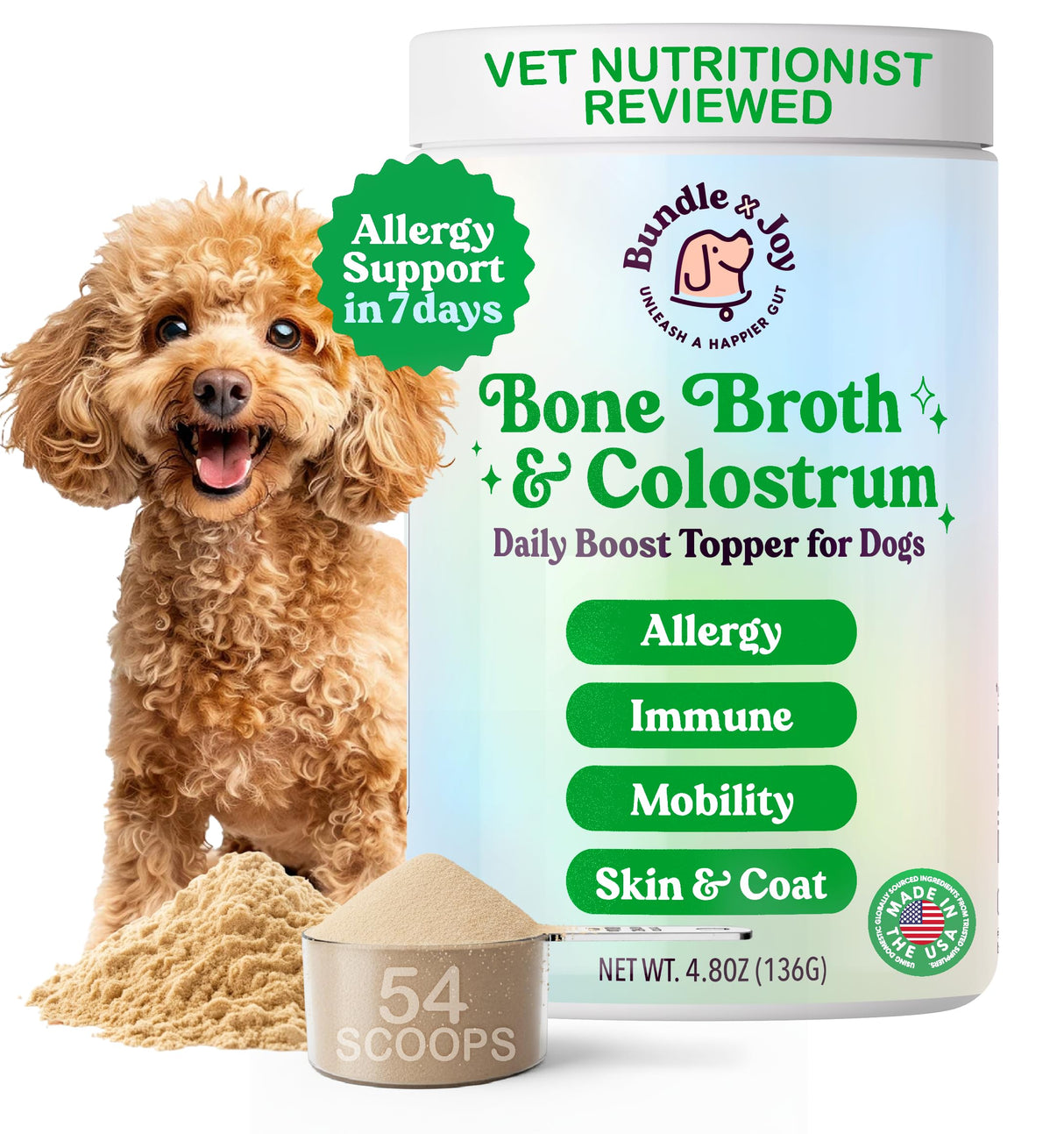 Bundle x Joy Beef Bone Broth Powder for Dogs Daily Boost Powder with Colostrum for Dogs Immune Support & Allergy Relief, 4.8 oz, 54 Servings - Dog Supplements Made in USA