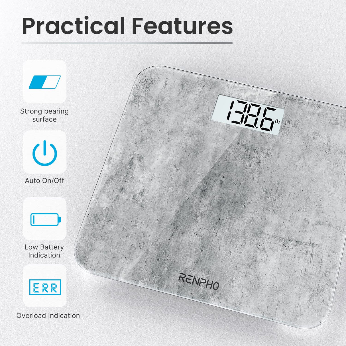 RENPHO Mechanical Bathroom Scales, Highly Accurate Body Weight Scale with Lighted LED Display, Round Corner Design, 400 lb, Core 1S, Cement Pattern